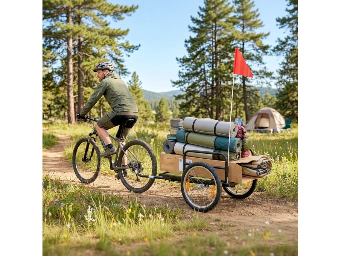 Trailer De Bicicleta Para Carga De 40 Kg Carrinho De Aço Com Rodas Red Flag De 16 Polegadas 145x60x42 Cm Preto