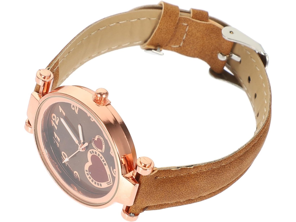 Relógio Pulso GOKOCO feminino, quartzo, mostrador coração, pulseira de couro marrom, casual, decorativo
