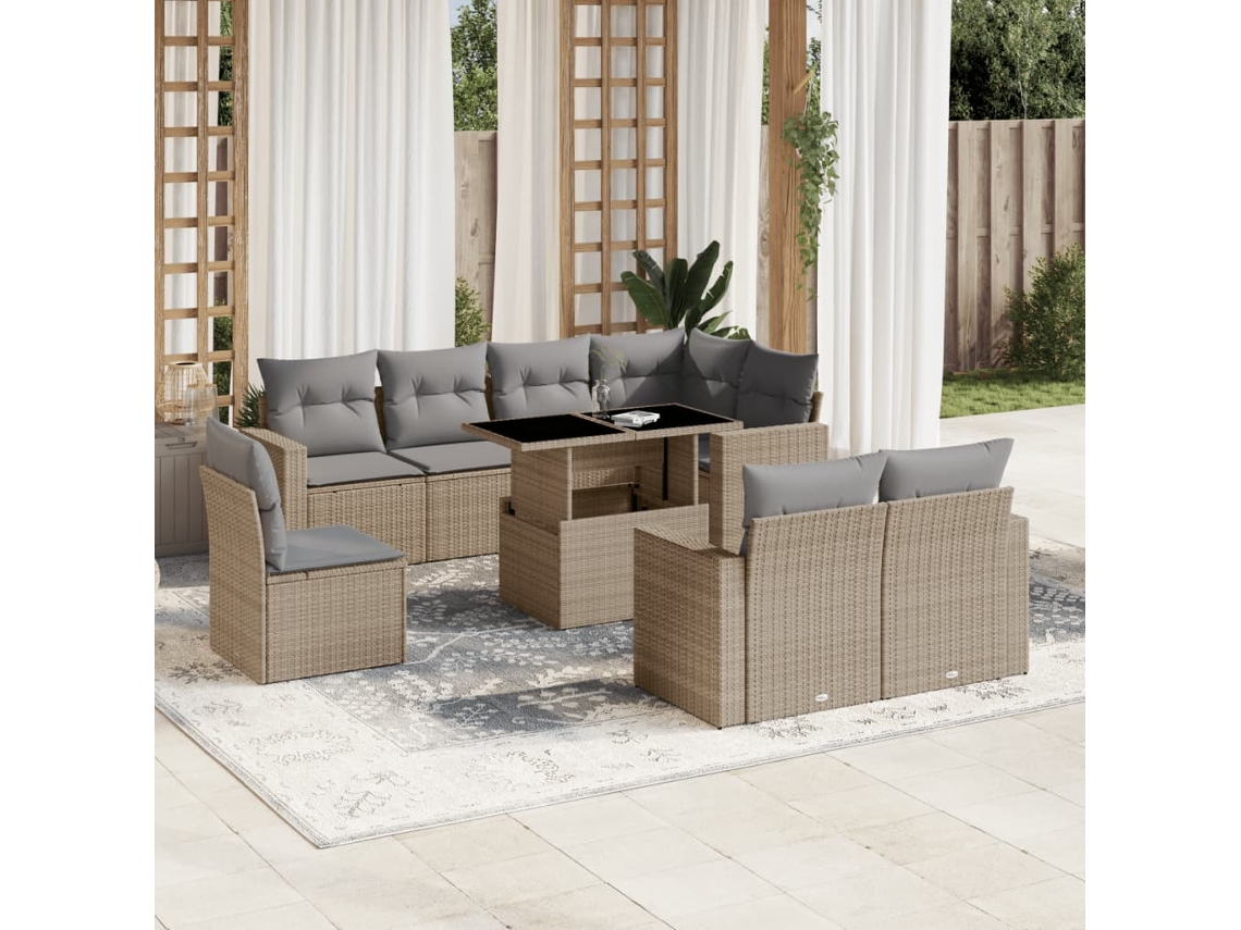 Vidaxl 9 Pcs Conjunto de Sofás P/ Jardim com Almofadões Vime Pe Bege