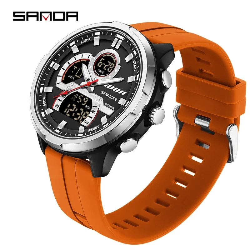 Relógio Eletrônico Masculino com Visor Duplo, À Prova D'água, Luminoso e Multifuncional, com Movimento de Quartzo, nas Cores Prata e Laranja. MDUG