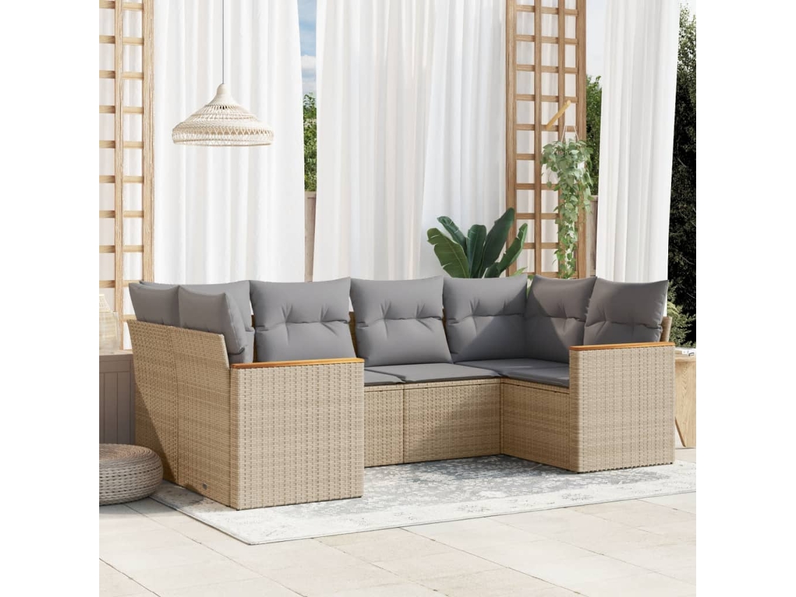 Vidaxl 6 Pcs Conjunto De Sofás P/ Jardim Com Almofadões Vime Pe Bege