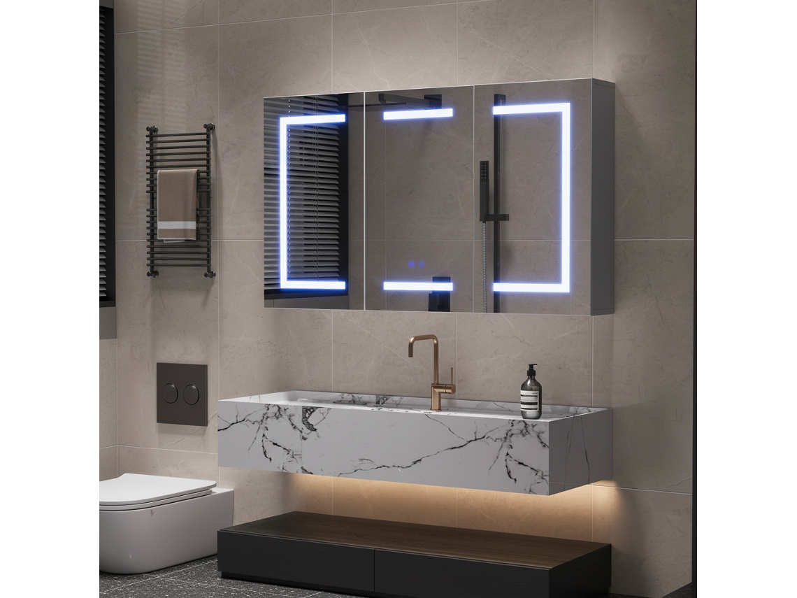 Armário De Espelho Para Casa De Banho Com Iluminação Led, 100x60x13,5 Cm, Armário Espelho De Casa De Banho Com 3 Cores De Luz, Móvel De Arrumação.