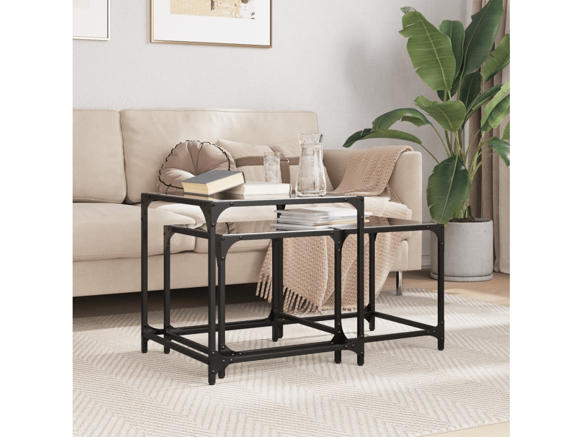 Vidaxl Mesas De Café Nesting 2 Peças Com Tampo De Vidro Preto Em Aço