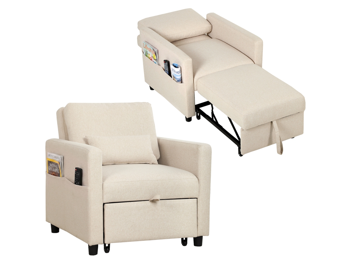 Sofá-cama 3 Em 1 Em Tecido Com Efeito Linho E Encosto Ajustável, Branco Creme