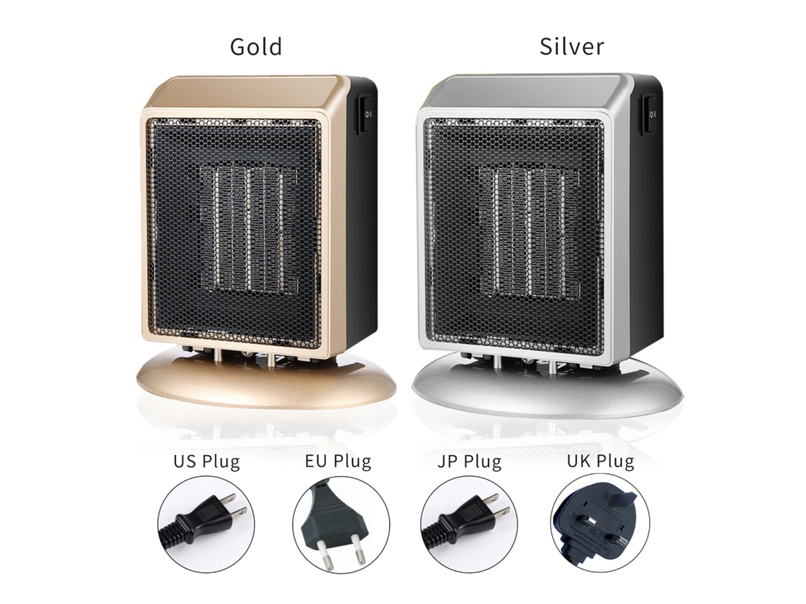 Aquecedor de mesa com aquecimento PTC rápido, que possui duas configurações de potência ajustáveis: 400 W e 900 W.