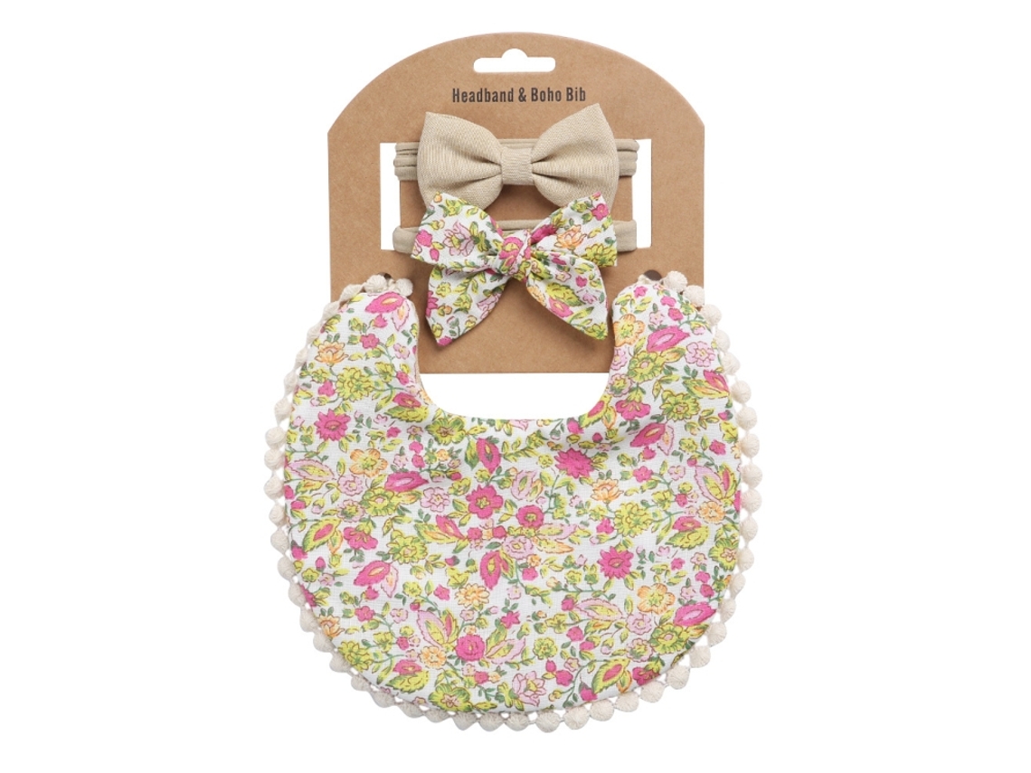 Kit Babador Reversível Em Linho E Algodão Estampado Para Bebê Com Tiara Toalha De Saliva Dp021-10