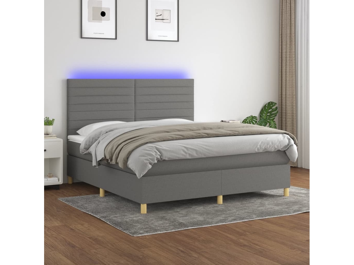 Vidaxl Cama Box Spring C/ Colchão E Led 160x200 Cm Tecido Cinza-escuro