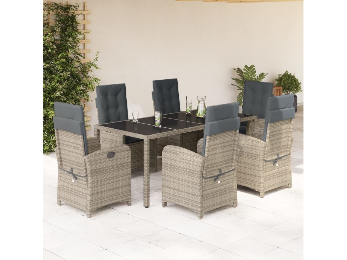 Vidaxl 7 Pcs Conjunto De Jantar P/ Jardim C/ Almofadões Vime Pe Cinza