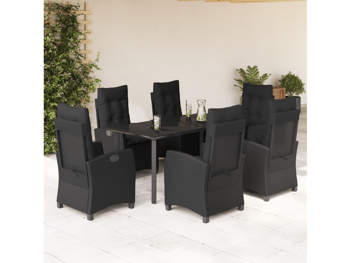 Vidaxl 7 Pcs Conjunto De Jantar P/ Jardim C/ Almofadões Vime Pe Preto