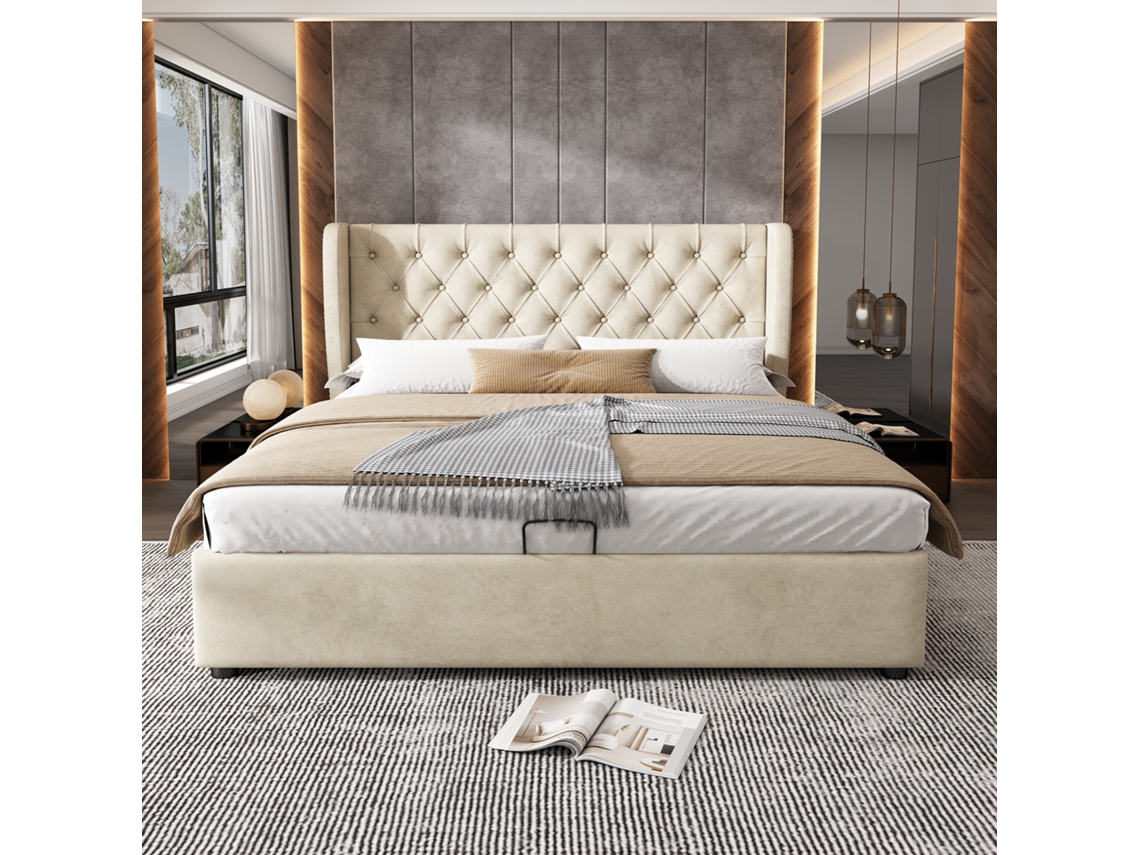 Cama Casal 180x200 Cm Veludo Bege Botões Cabeceira Arrumação Hidráulica