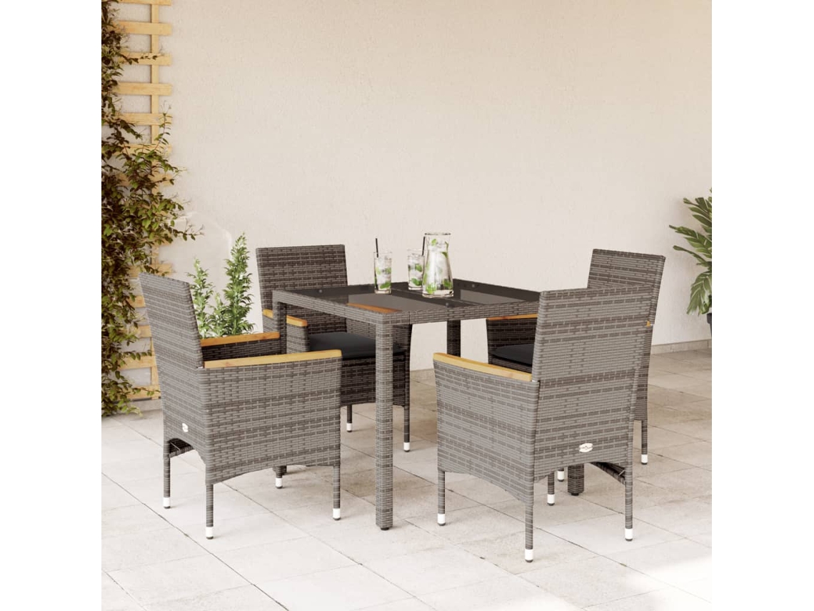 Vidaxl 5 Pcs Conjunto Jantar Jardim C/ Almofadões Vime Pe/vidro Cinza