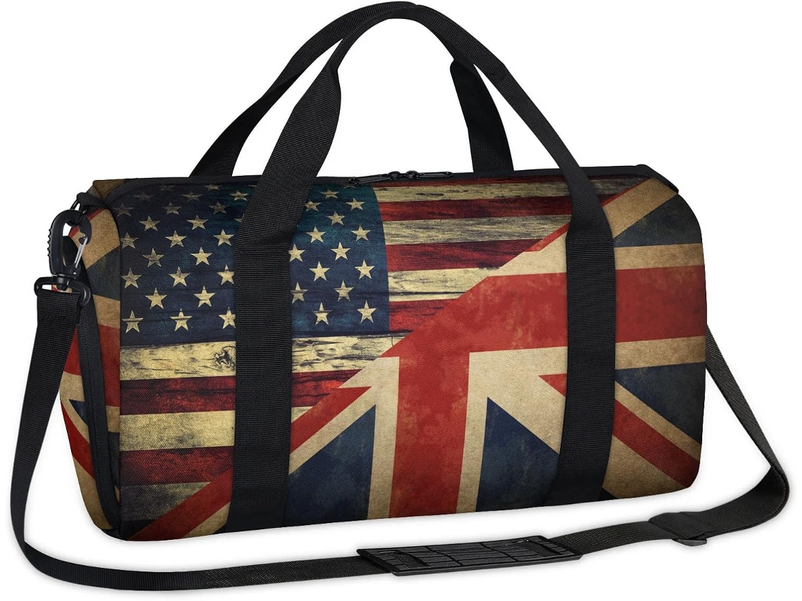 Bolsa Esportiva Vintage com Bandeiras Americana e Britânica 45 X 21,5 X 23 Cm Tecido de Poliéste Estampa Pa
