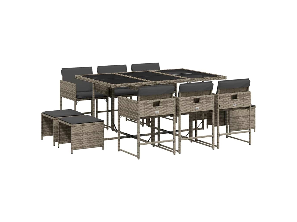 Conjunto 11 jantar p/ jardim c/ almofadões VIDAXL vime PE cinzento
