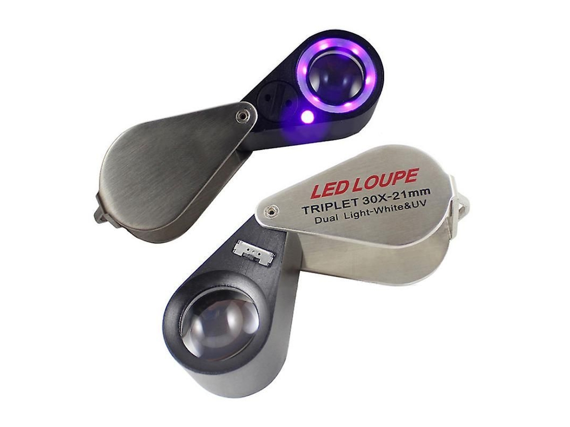 Lupa para joias 2026, 10/20/30x com LED UV, lente tripla incolor de 21 mm, vidro óptico, alumínio.