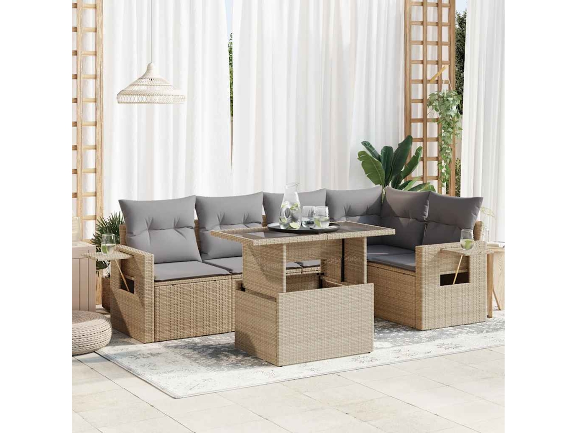 Vidaxl 6 Pcs Conjunto De Sofás P/ Jardim Com Almofadões Vime Pe Bege