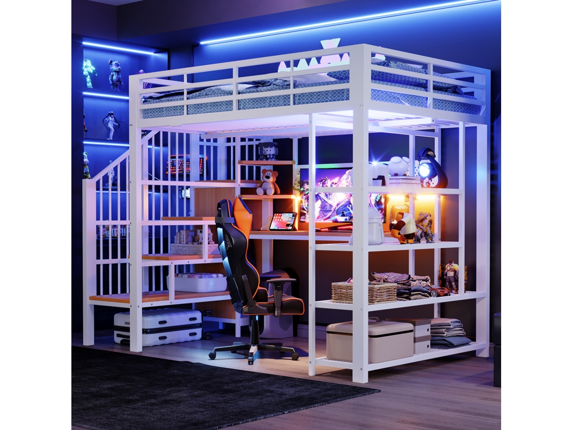 Cama Metálica NOVELA com secretária, painel perfurado, estante triangular, tomadas USB, luz LED, prateleiras, grade alta, branco