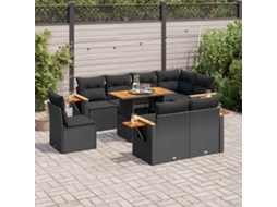 Vidaxl 9 Pcs Conjunto Sofás P/ Jardim Almofadões Vime Pe/acácia Preto