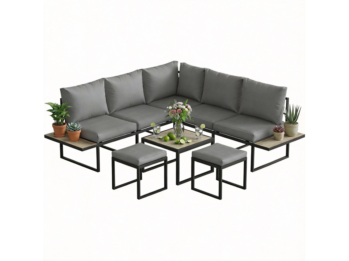 Móveis de Jardim Externos para 6 Pessoas, Modular, Mesa de Centro e Bandejas Laterais em Madeira Pspc, Almofadas Grossas de 10cm Cinza Ge