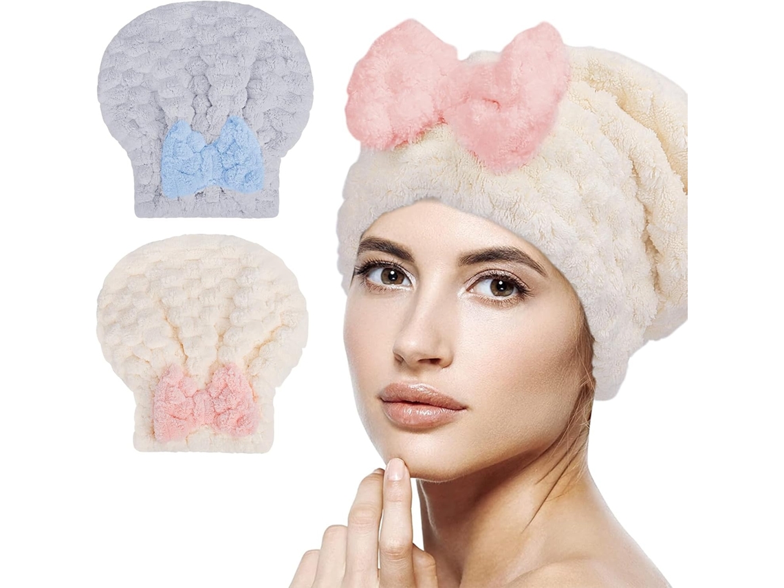 Touca De Secagem De Cabelo 2 Peças Em Microfibra, Macia E Absorvente, Branco, Cinzento Elysve