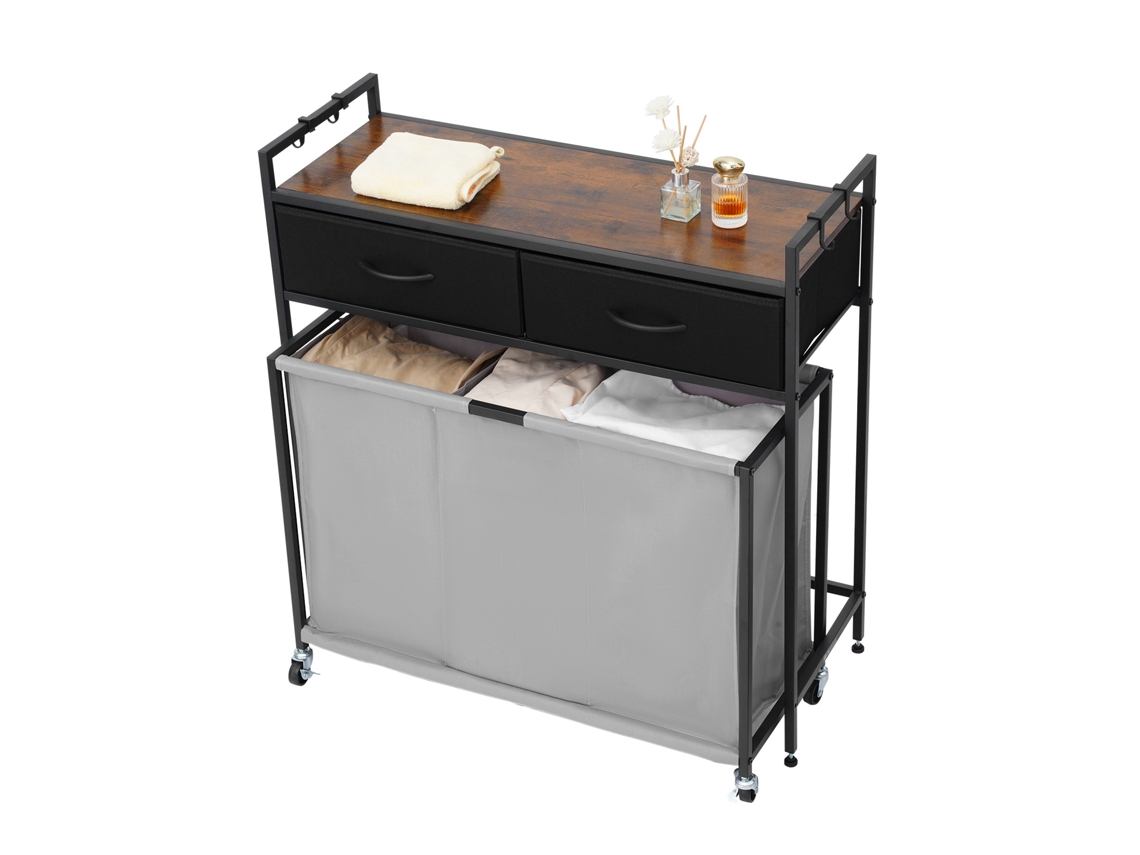 Cesto para Roupa com Tábua de Madeira, Classificador Roupas 830 X 320 810 Mm 3 Compartimentos, Rodas, 2 Gavetas e Ganchos, Sistema Classificação