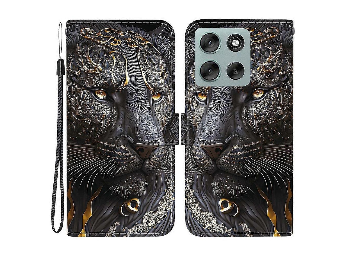 Capa De Couro Tkdaddy Para Motorola Moto G56 5g Com Suporte, Carteira, Estampa, Capa Para Celular Com Alça De Pulso, Preta, Dourada, Leão