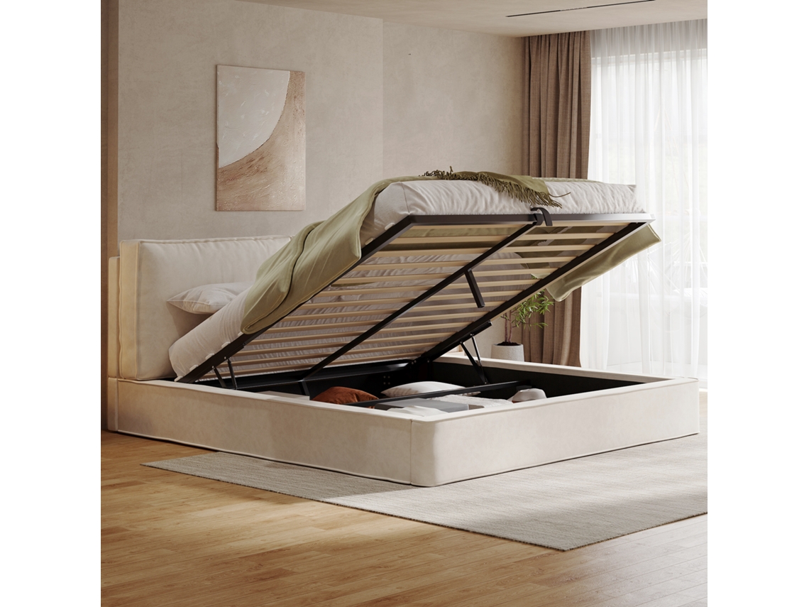 Cama Estofada 180x200 - Hidráulica, Com Estrado E Cabeceira Acolchoada - Bege Chenille