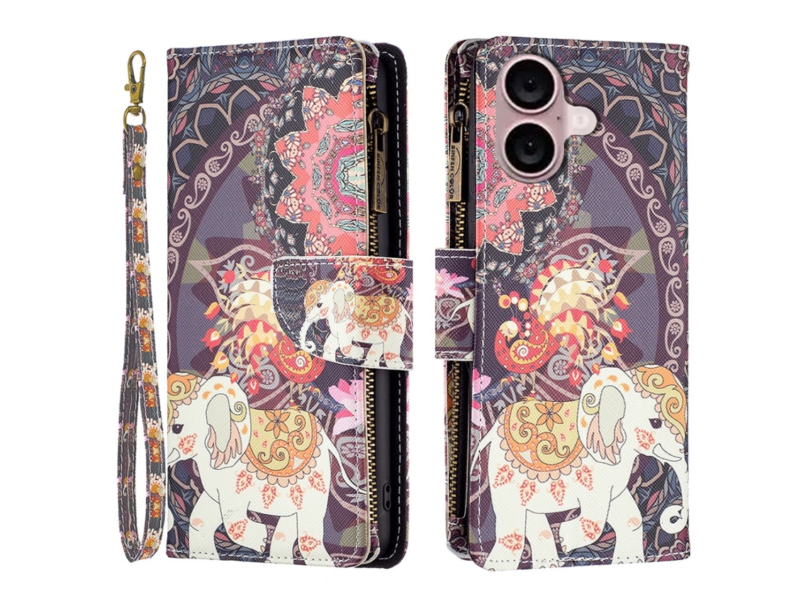 Capa Em Couro Pu Com Suporte Para Apple Iphone 16 Plus - Flores E Elefante