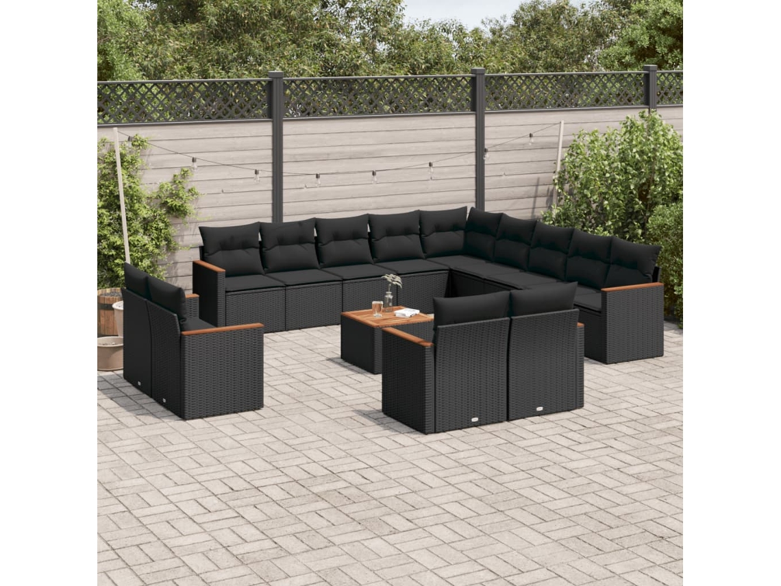 Vidaxl 14 Pcs Conjunto De Sofás P/ Jardim C/ Almofadões Vime Pe Preto