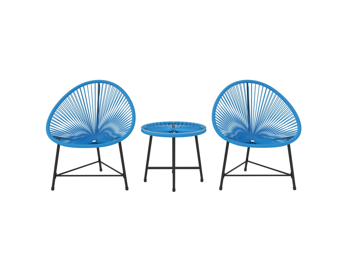 Conjunto de Lounge CHEZMOI para 2 pessoas em resina trançada, com tampo de vidro temperado, azul