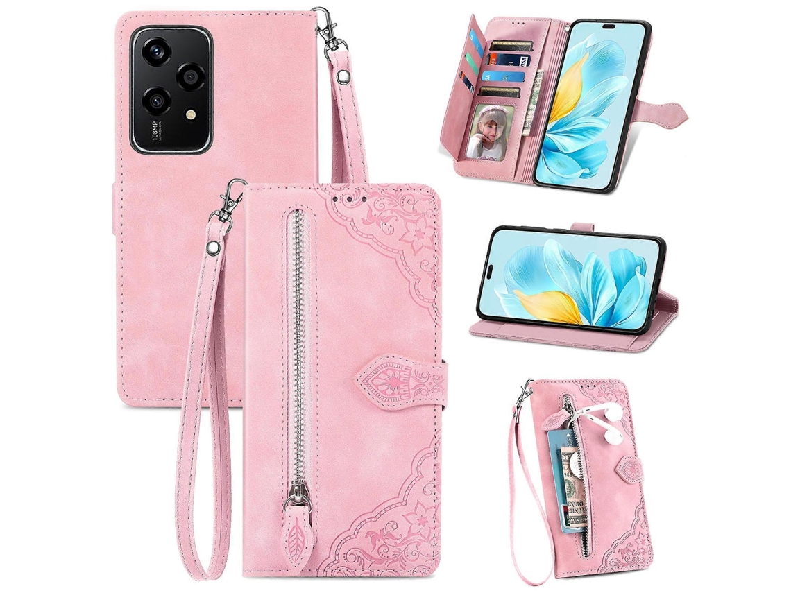 Capa De Couro Com Zíper E Estampa Floral Em Relevo Para Celular Honor 200 Lite (versão Global)