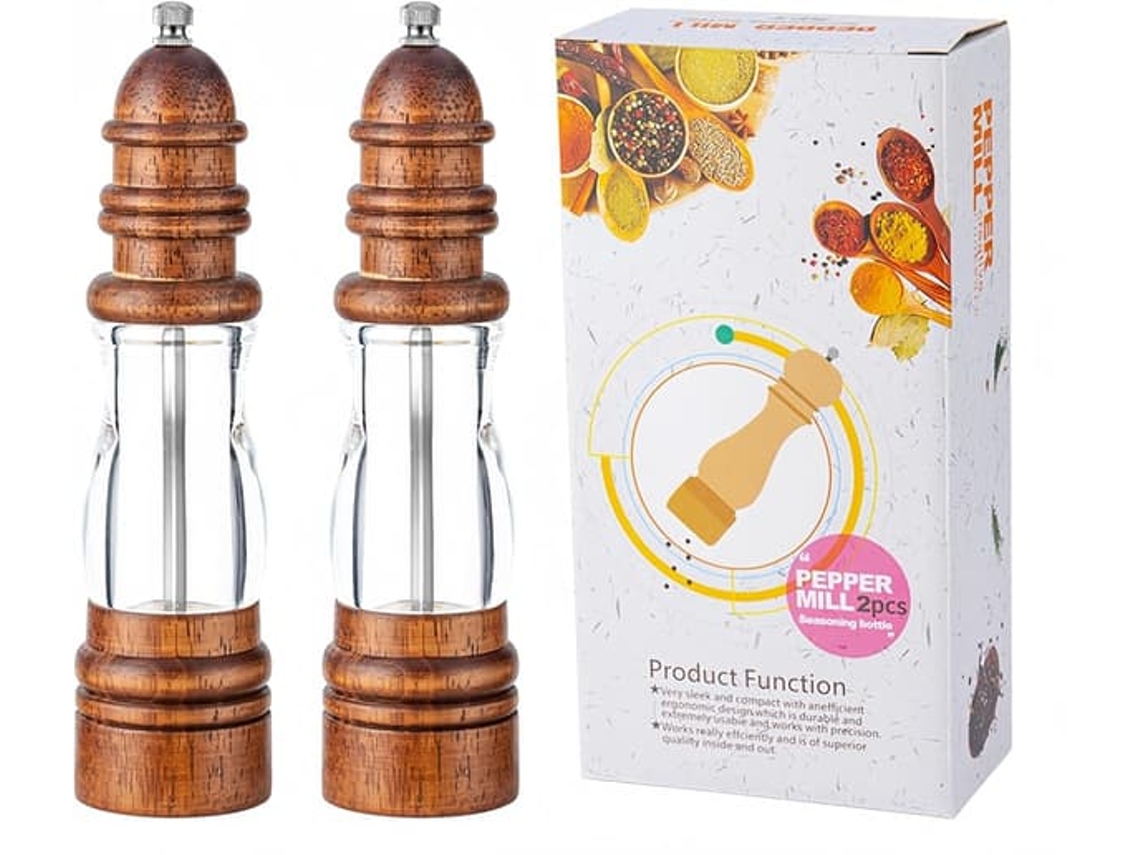Conjunto De Dois Moinhos De Sal E Pimenta De Madeira De 20 Cm (8 Polegadas), Recarregáveis E Com Ajuste De Moagem