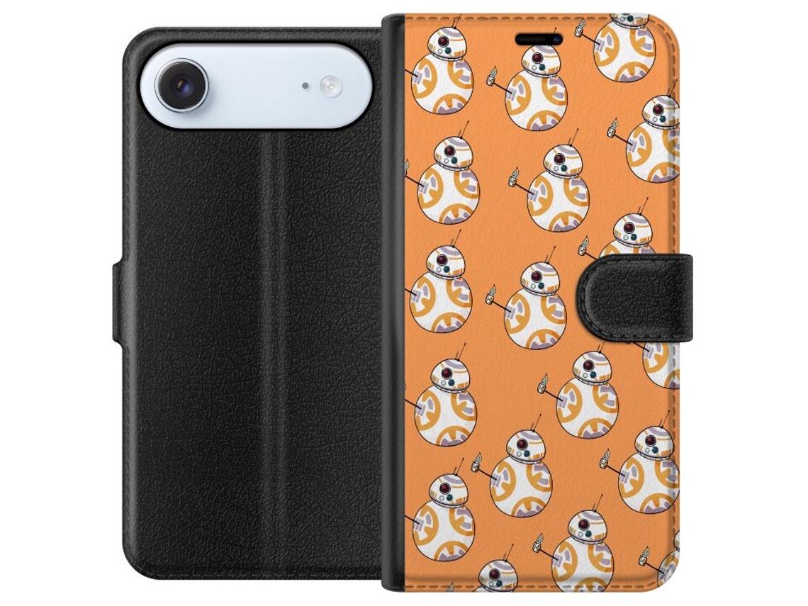 Capa Carteira Compatível Com Apple Iphone Air. Estampa Repetida De Robôs Redondos Em Laranja E Branco Sobre Fundo Claro, Design Divertido.