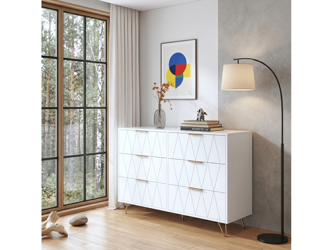 Gaveteiro com 6 gavetas 100x34x72,5 Cm com pés dourados e relevo geométrico SIMURQ