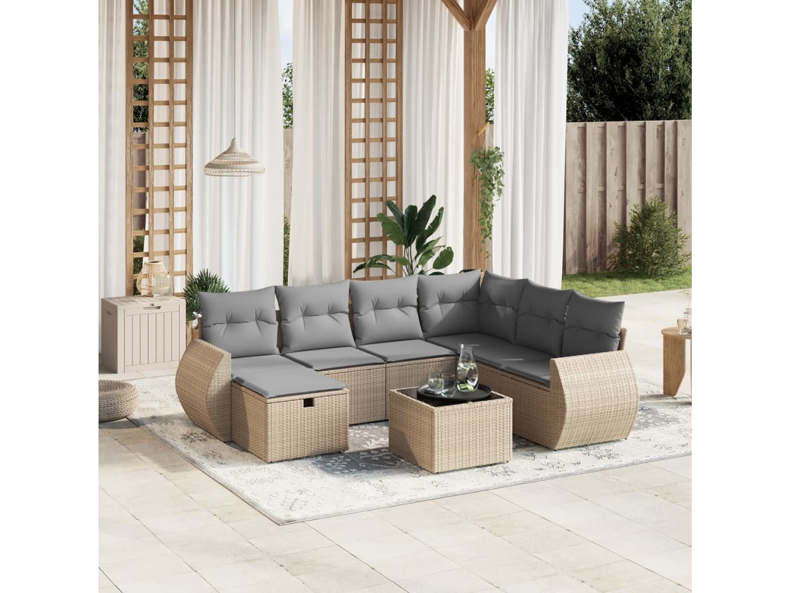 Vidaxl 8 Pcs Conj. Sofás Jardim C/ Almofadões Vime Pe Bege Misturado