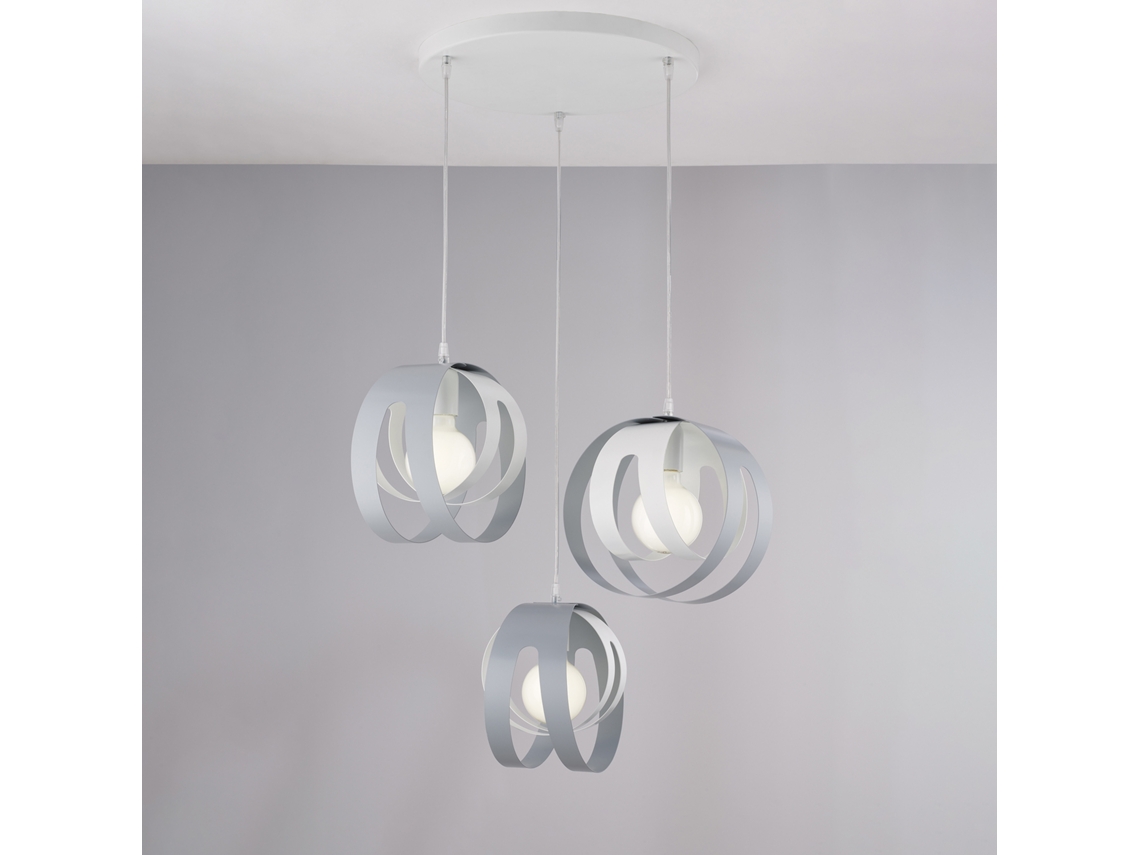Suspensão Tobias Com Rosa Circular E Difusores Cortados A Laser Em Ferro Branco E Cinza Com Cabo Elétrico Regulável 3 Luzes 133 Ø55 Belight