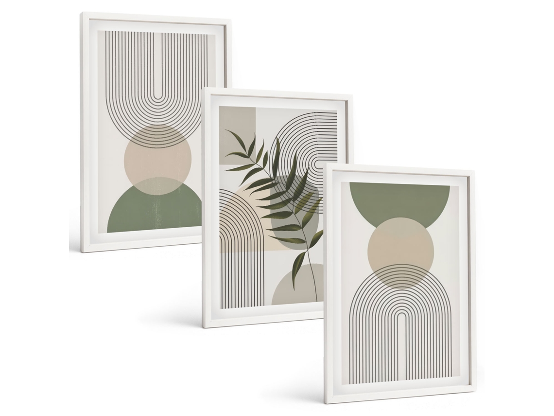 Galeria De Pinturas Murais Formas Abstratas Com Folhagem Moldura Branca Fotos Para O Escritório Espelharte (3 Piezas De 40x60 Cm)