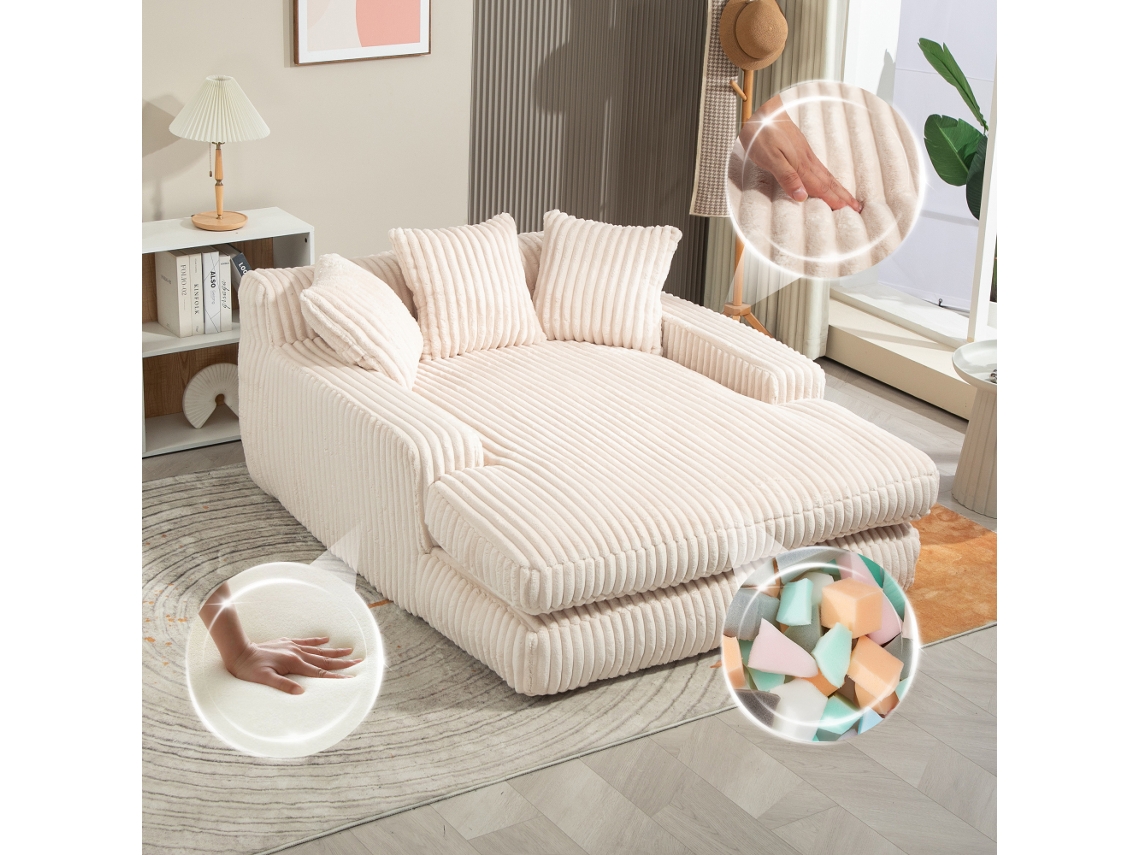 Sofá De Chão, Em Veludo Cotelê, Com Função De Cama, Solteiro, Com 3 Travesseiros, Bege