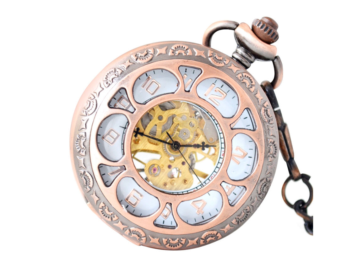 Relógio de bolso mecânico unissex estilo romano vintage com flor (bronze)