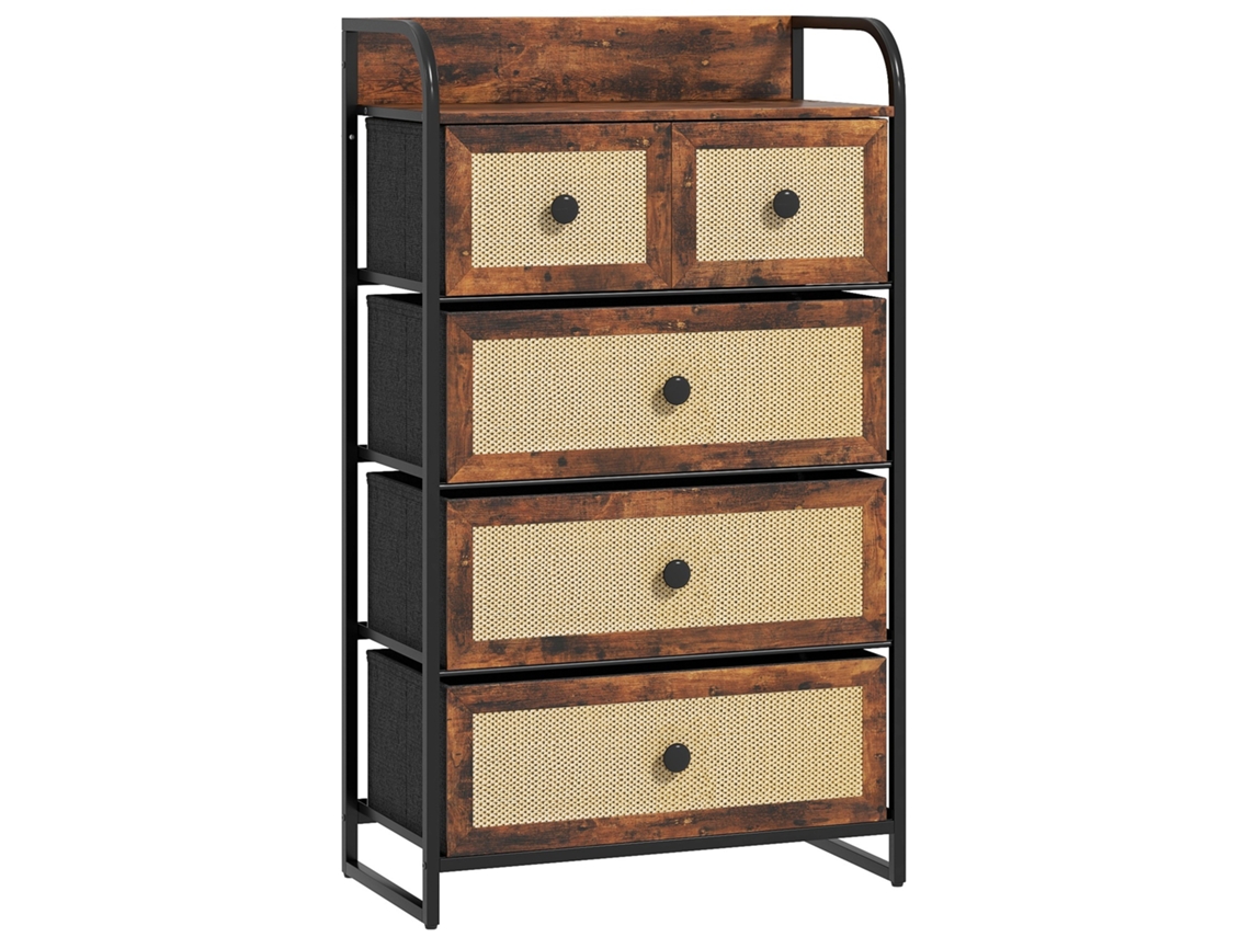 Cômoda de Quarto com 5 Gavetas, Frente de Vime e Estrutura de Aço 58x29x99 Cm Marrom Rústico Ge