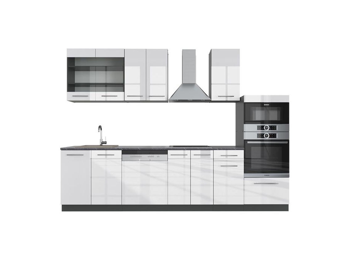 Cozinha Fame-Line, 300 cm com armário alto, sem bancada, Branco brilhante/Antracite, Vicco