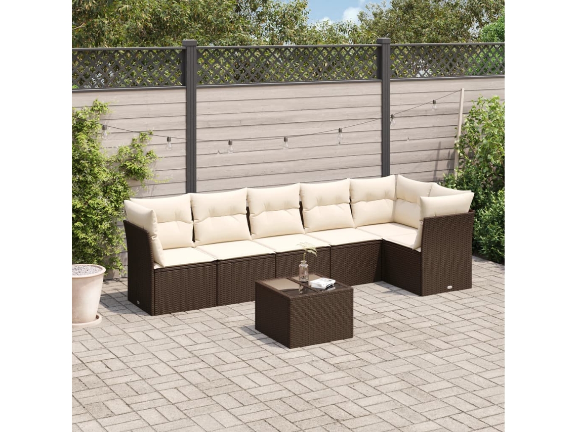 Vidaxl 7 Pcs Conjunto De Sofás Jardim C/ Almofadões Vime Pe Castanho