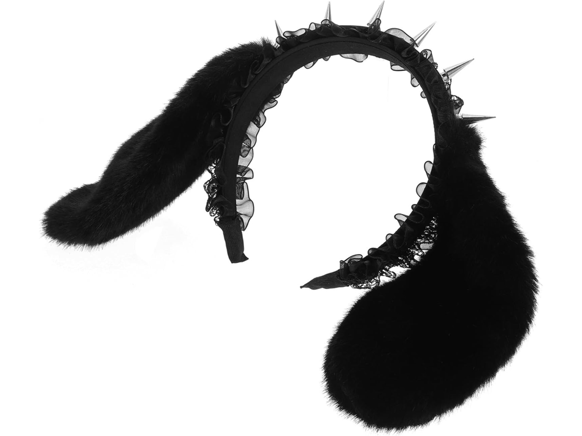 Tiara Nuobesty Com Orelhas De Coelho Pretas, Cadarço Punk E Pontas Com Tachas - Tiara Para O Halloween