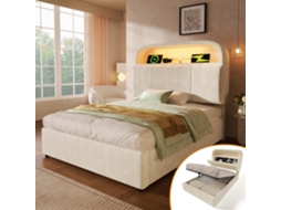 Cama Solteiro 90x200cm Com Armário Ajustável Led Usb Type-c Veludo Bege