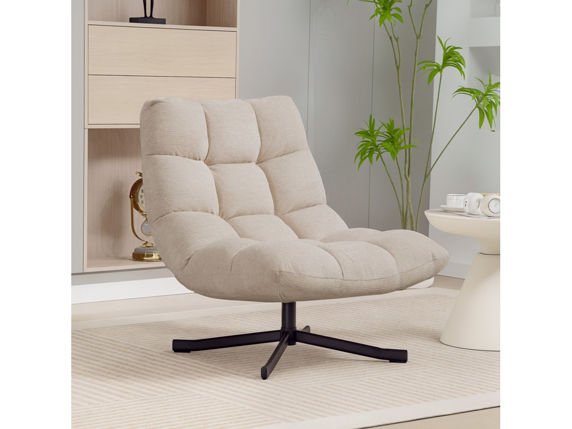 Poltrona Giratória Moderna Estofada Em Chenille Com Assento Largo, Base Em Cruz E Pés De Aço, Cor Creme.