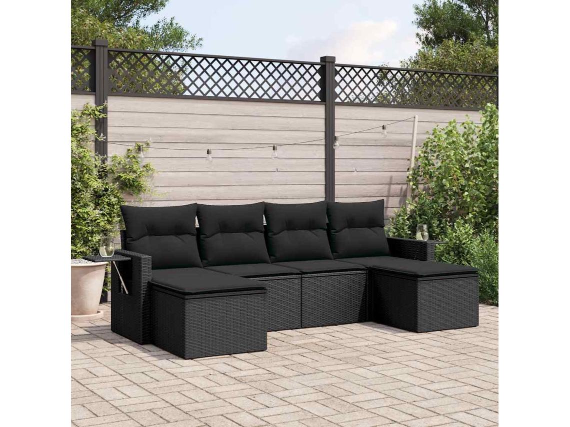 Vidaxl 6 Pcs Conjunto Sofás De Jardim C/ Almofadões Vime Pe Preto