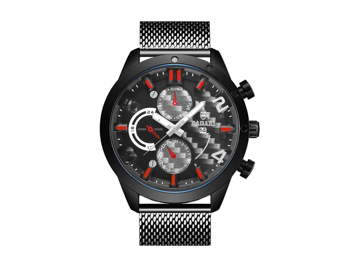 Relógio esportivo masculino Bagari em metal com movimento de quartzo à prova d'água (preto/vermelho)