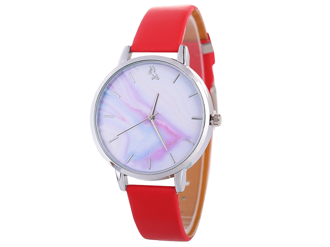 Relógio de Pulso Feminino de Quartzo com Pulseira de Couro Pu Estilo Simples Efervescente Vermelho