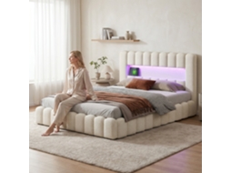 Cama De Casal Com Arrumação 180x200 Cm Estofada Com Led E Usb, Cabeceira Com Arrumação, Tecido Linho Bege, Sem Colchão