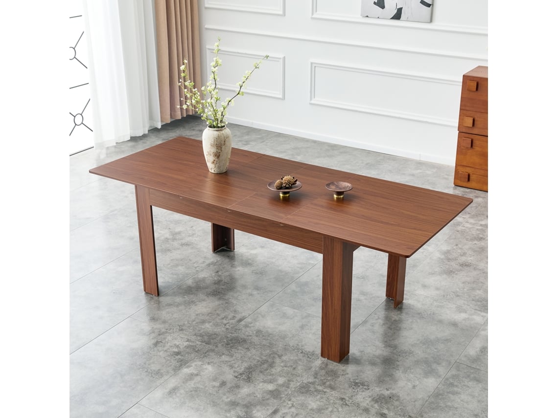 Mesa De Jantar Retangular Extensível Com Duas Extensões Em Forma De Lágrima, Acabamento Nogueira, Design Compacto