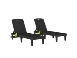 Conjunto De 2 Espreguiçadeiras - Preto - 192x57x28,5 Cm - Reclináveis Em Plástico Pp Com Bandeja Lateral E Encosto Ajustável 5 Níveis